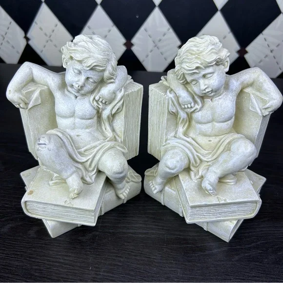 Cherub Bookends Reading Angel Sculpture Library Shelf Decor Book Lover Gift - Picture 4 of 12
